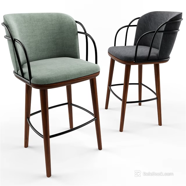 Modern Bar Stools Green And Gray Upholstered Seats With Metal Armrests And Wooden Legs 3d model 