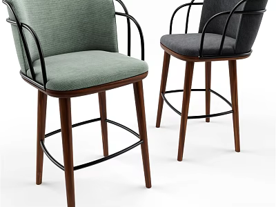 Modern Bar Stools Green And Gray Upholstered Seats With Metal Armrests And Wooden Legs 3d model