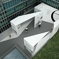 Modern Building Exterior With Glass Curtain Wall Outdoor Lawn Water Pool And Steps