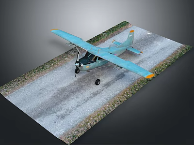 Light Blue Airplane Parked On Scenic Rural Gravel Runway With Grass Alongside 3d model