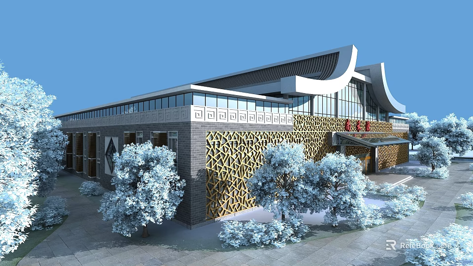 Aerial Planning of Modern Building With Traditional Roof Glass Windows and Landscaped Surroundings 3d model 