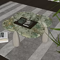 Modern Coffee Table with Marble Top and Wooden Legs Tray Near Open Book on Rug