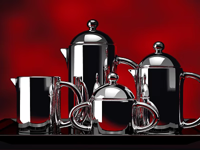 Silver Metal Cups and Kettles on Black Tray Against Red Background 3d model