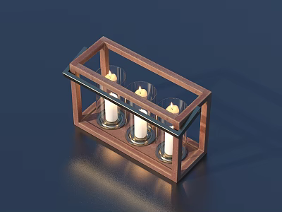 Wooden Candle Holder With Three Lit Candles And Glass Panel Frame 3d model