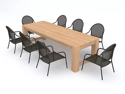 Wooden Rectangular Dining Table with Black Woven Back Chairs and Metal Legs 3d model