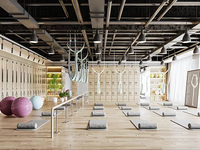 Spacious Yoga Studio Interior With Yoga Mats Exercise Balls Hammocks And Wooden Floor 3d model