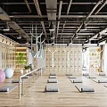 Spacious Yoga Studio Interior With Yoga Mats Exercise Balls Hammocks And Wooden Floor