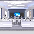 Modern School Smart Classroom With Robots Organized Desks Large Screen And Geometric Lights