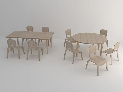 Kindergarten Classroom Furniture Featuring Wooden Rectangular And Round Tables With Multiple Chairs 3d model