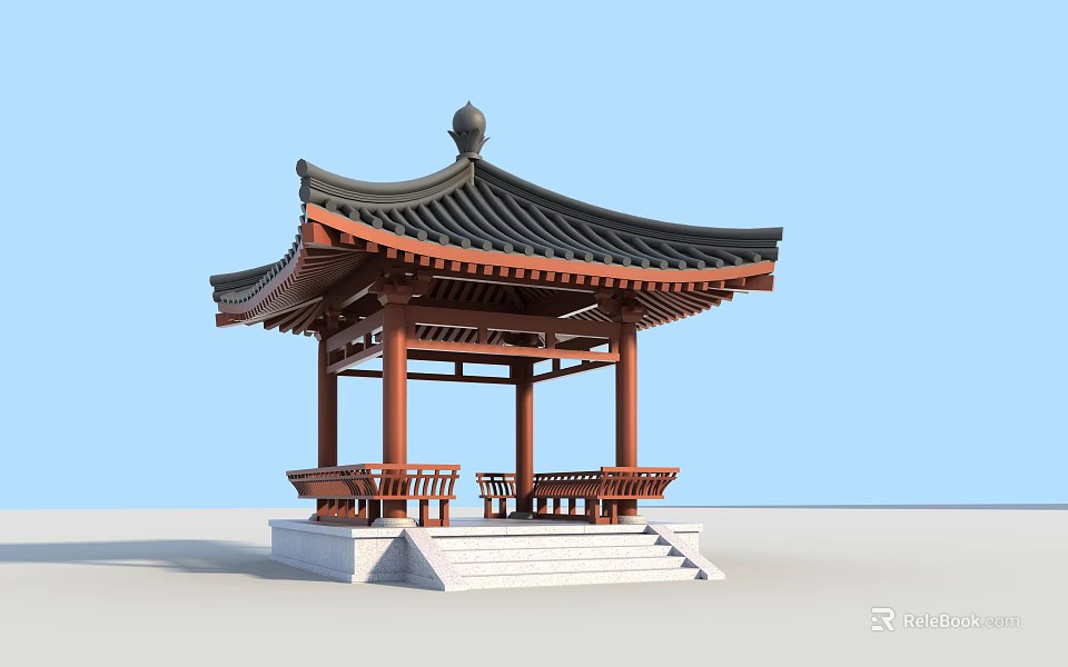 Traditional Chinese Pavilion With Black Tiled Roof Red Wooden Frame And Stone Steps 3d model 