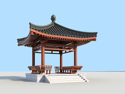 Traditional Chinese Pavilion With Black Tiled Roof Red Wooden Frame And Stone Steps 3d model