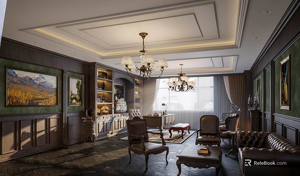 Elegant Office Interior Design With Dark Wooden Furniture Chandeliers Paintings And Bookshelves 3d model 