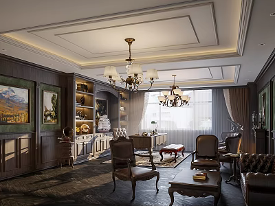 Elegant Office Interior Design With Dark Wooden Furniture Chandeliers Paintings And Bookshelves 3d model