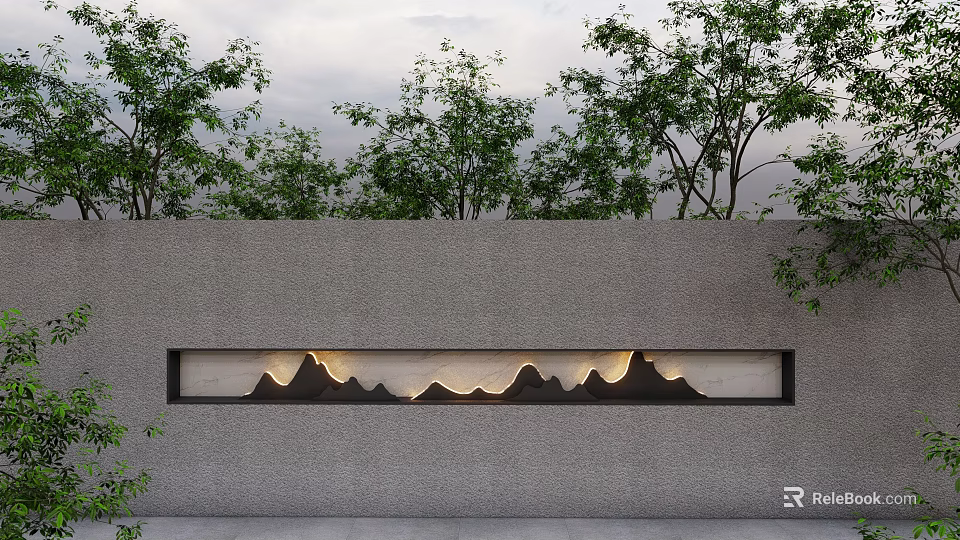 Modern Gray Background Wall With Decorative Mountain Pattern Soft Lighting Against Green Tree Background 3d model