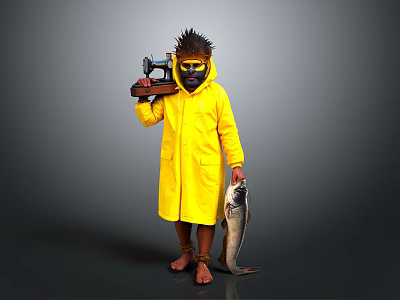 Person In Yellow Raincoat With Spiked Hat Mask Holding Sewing Machine And Fish 3d model