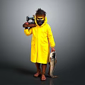 Person In Yellow Raincoat With Spiked Hat Mask Holding Sewing Machine And Fish