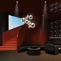 Modern Bar With Red Staircase Black Sofas Round Pendant Lights Circular Wall And Large Window