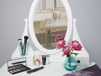 Elegant Dressing Table With Oval Mirror Makeup Brushes Pink Peonies And Skincare Products 3d model