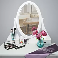 Elegant Dressing Table With Oval Mirror Makeup Brushes Pink Peonies And Skincare Products
