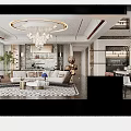 Elegant Modern Living Room With Large Windows Chandelier Sofa Coffee Table Rug And Marble Bar