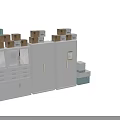 Gray Storage Cabinet with Drawers Doors and Top Stacked Cartons for Office File Storage