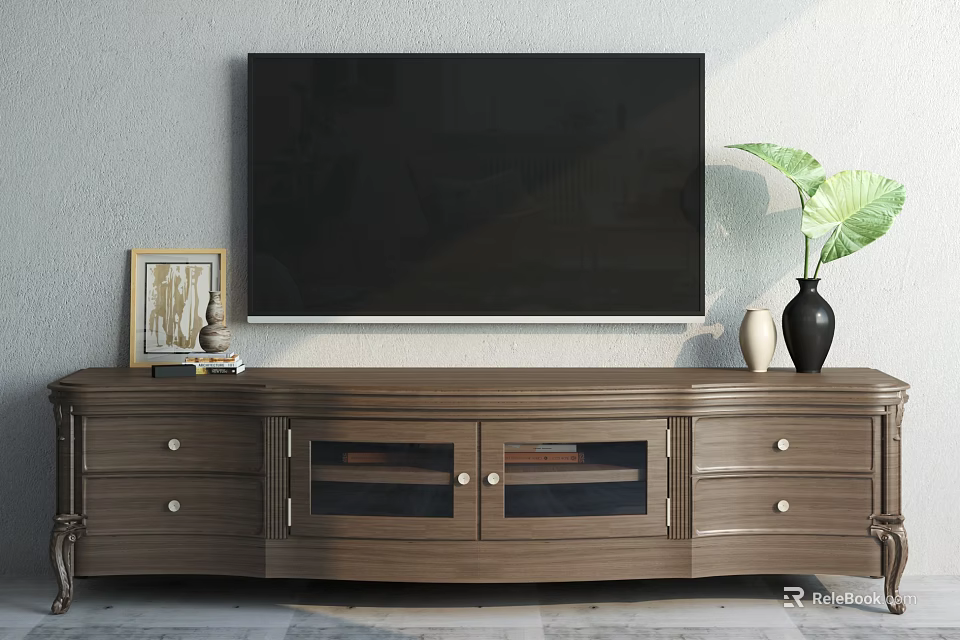 Classic Wooden TV Stand With Drawers And Glass Doors Decorative Vase Green Plant Above TV 3d model 