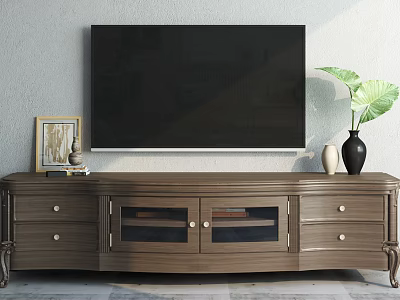 Classic Wooden TV Stand With Drawers And Glass Doors Decorative Vase Green Plant Above TV 3d model