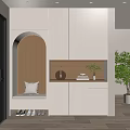 Modern Entryway Hallway Design With White Cabinets Arched Wooden Niche Bench And Green Plant