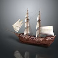 Vintage Wooden Sailing Ship With Twin Masts And White Canvas Sails