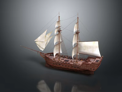Vintage Wooden Sailing Ship With Twin Masts And White Canvas Sails 3d model