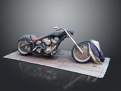 Vintage Black Motorcycle With Brown Seat On Stone Pavement And Covered Cloth 3d model