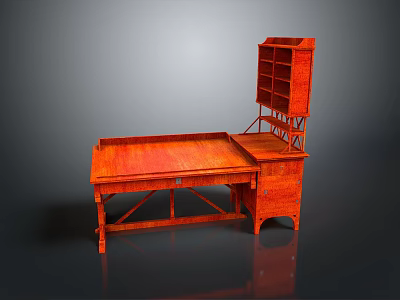 Reddish Wooden Functional Desk With Spacious Top Drawer And Upper Shelf Unit 3d model