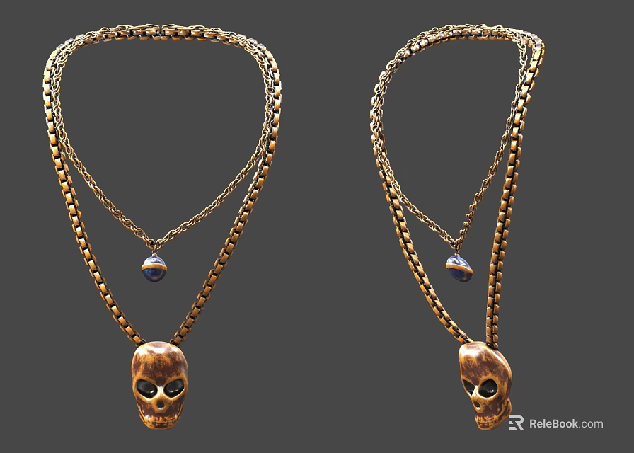 Stylish Gold Necklaces With Double Chains Skull Pendants And Small Beads 3d model 