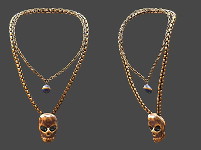Stylish Gold Necklaces With Double Chains Skull Pendants And Small Beads 3d model