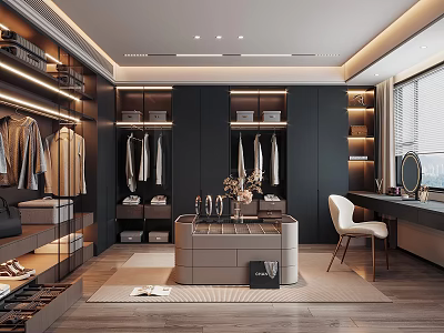 Modern Luxury Walk in Closet Interior With Hanging Clothes Dressing Table And Mirror 3d model