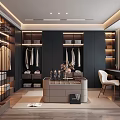 Modern Luxury Walk in Closet Interior With Hanging Clothes Dressing Table And Mirror