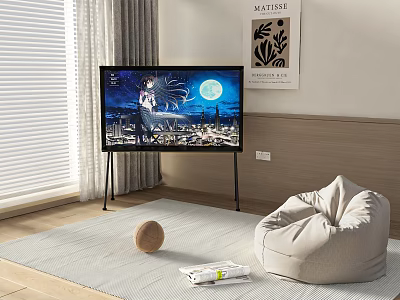 Television on Floor Stand Displaying Night Scene With Moon in Cozy Living Area With Bean Bag 3d model