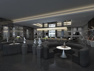 Modern Bar Interior Design With Gray Sofas Round Tables And Ambient Lighting 3d model