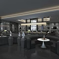 Modern Bar Interior Design With Gray Sofas Round Tables And Ambient Lighting