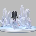 Exhibition Setup With Mannequin In Black Jacket And White Transparent Crystal Decorations On Round Base