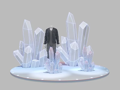 Exhibition Setup With Mannequin In Black Jacket And White Transparent Crystal Decorations On Round Base 3d model