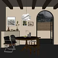 Rustic Restaurant Interior With Wooden Beam Ceiling Arched Doorway Round Dining Table And Mountain View
