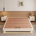 Double Bed in Modern Bedroom with Beige Wall Wooden Blinds Nightstand Vase and Drawer Cabinet