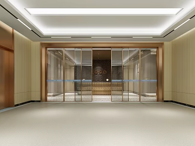 Modern Luxurious Elevator Lobby Interior With Glass Doors Wooden Walls And Recessed Lighting 3d model