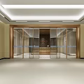 Modern Luxurious Elevator Lobby Interior With Glass Doors Wooden Walls And Recessed Lighting
