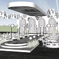 Elegant Banquet Hall With Round Stage White Chairs Chandeliers Arched Doors Floral Ceiling And Plants