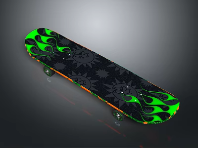 Skateboard Deck Featuring Green Flame Design Black Sun Patterns And Orange Trim 3d model