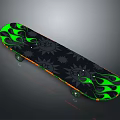 Skateboard Deck Featuring Green Flame Design Black Sun Patterns And Orange Trim
