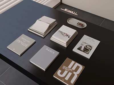 Various Designed Books Magazines On Black Tabletop With Decorative Tray And Artistic Covers 3d model