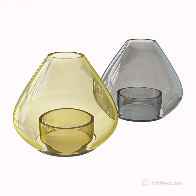 Glass Decorative Ornament Set With Yellow And Gray Teardrop Shaped Vases And Inner Small Cups 3d model 